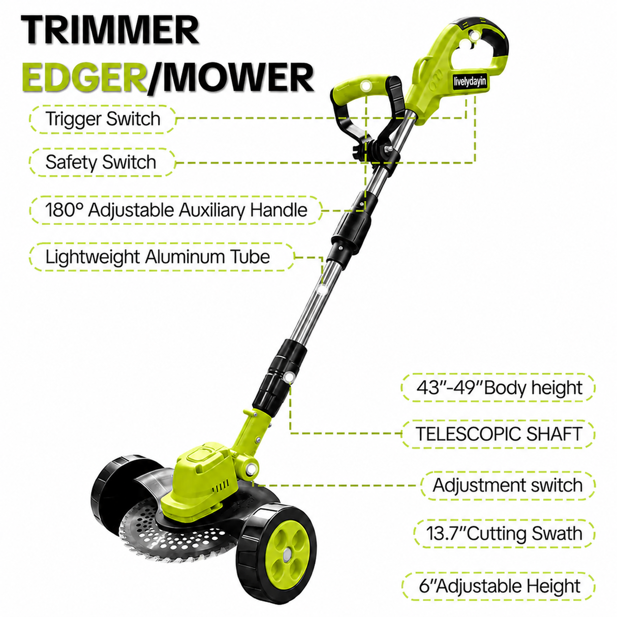 🏡21V 3-in-1 Cordless Trimmer – Edger + Mower, 2 Batteries