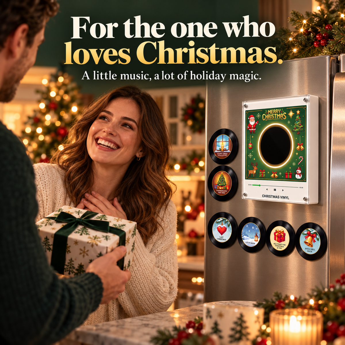 🎄 Christmas Mini Vinyl Music Player – Magnetic Fridge Frame with 9 Records