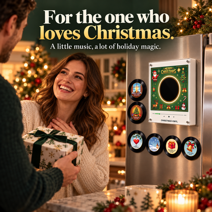🎄 Christmas Mini Vinyl Music Player – Magnetic Fridge Frame with 9 Records