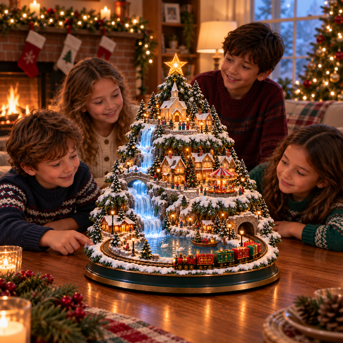 ⭐ Last day to save 49% –🎄OFF Lighted Christmas Village Tree with Train & Carousel