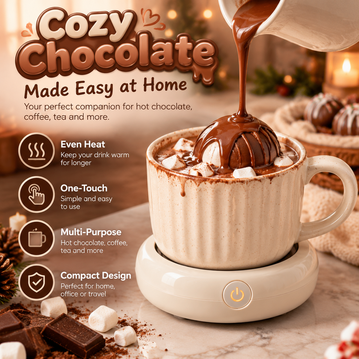 🍫✨ CozyGlow Mug Warmer – Chocolate Melting & Hot Drink Warming StationA