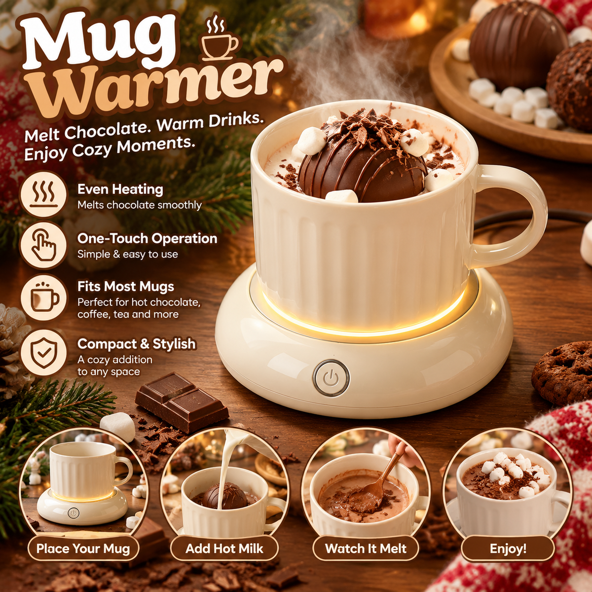 🍫✨ CozyGlow Mug Warmer – Chocolate Melting & Hot Drink Warming StationA
