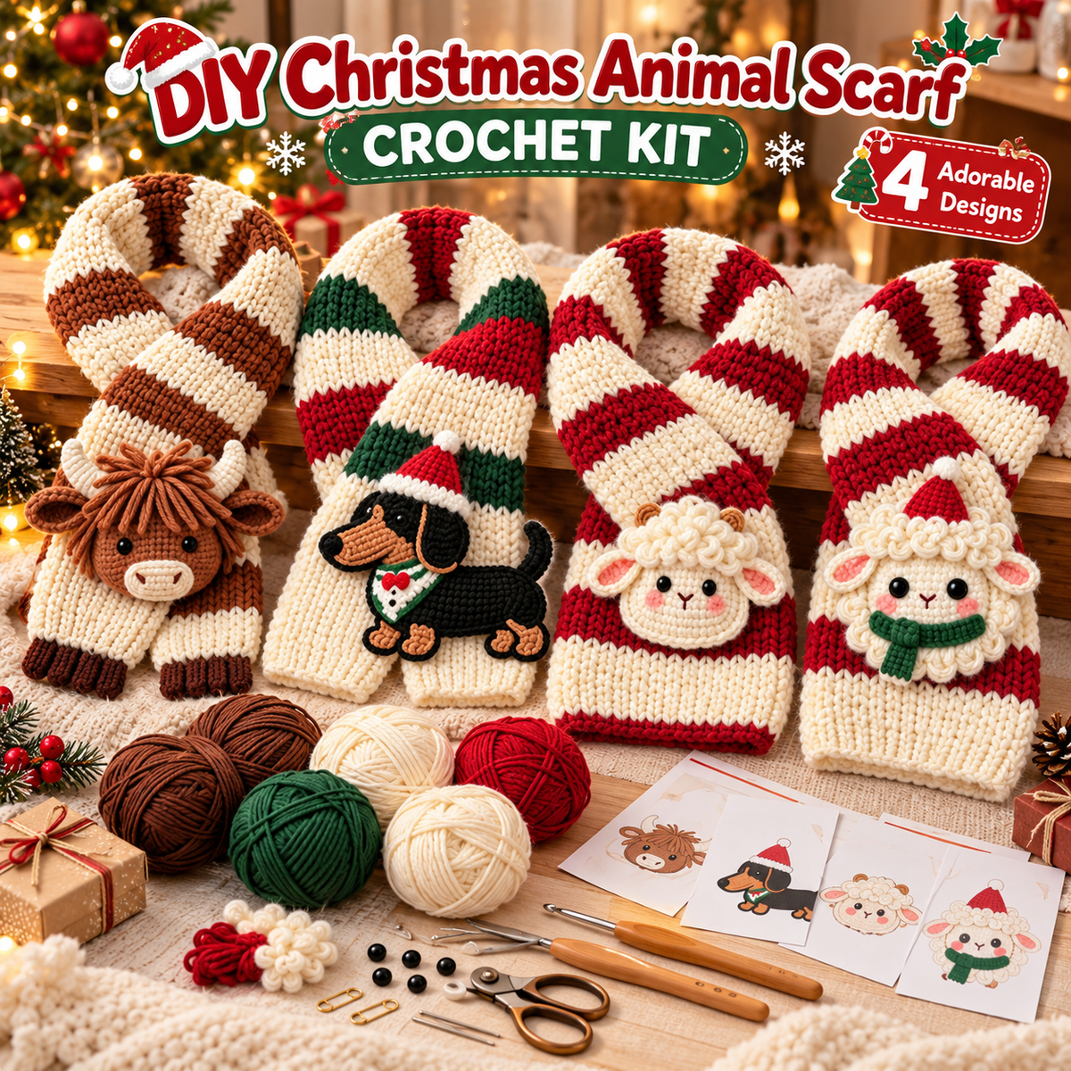 🎄🧶 DIY Christmas Animal Scarf Crochet Kit – 4 Adorable Handmade Holiday Designs 🐑🐶🐮🎁