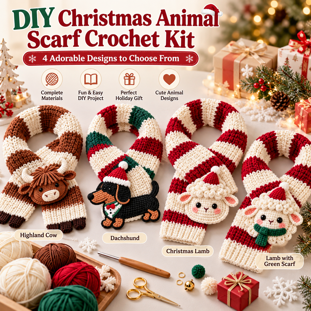 🎄🧶 DIY Christmas Animal Scarf Crochet Kit – 4 Adorable Handmade Holiday Designs 🐑🐶🐮🎁