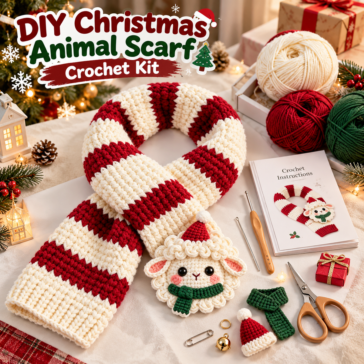 🎄🧶 DIY Christmas Animal Scarf Crochet Kit – 4 Adorable Handmade Holiday Designs 🐑🐶🐮🎁
