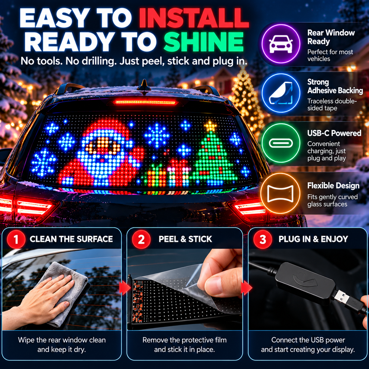 ⚡New Smart LED Pixel Car Display — App-Controlled Custom Text, Colors & Animations