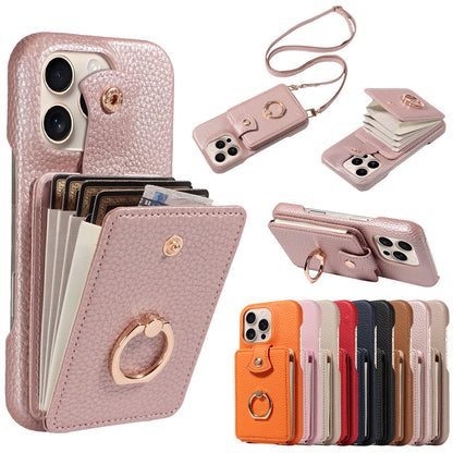 🎁Wallet Case with Ring,High Stylish Luxury Leather Accordion Card Holder,Anti-Drop Lanyard,Multi-Functional Ring Stand,Protective Leather Case
