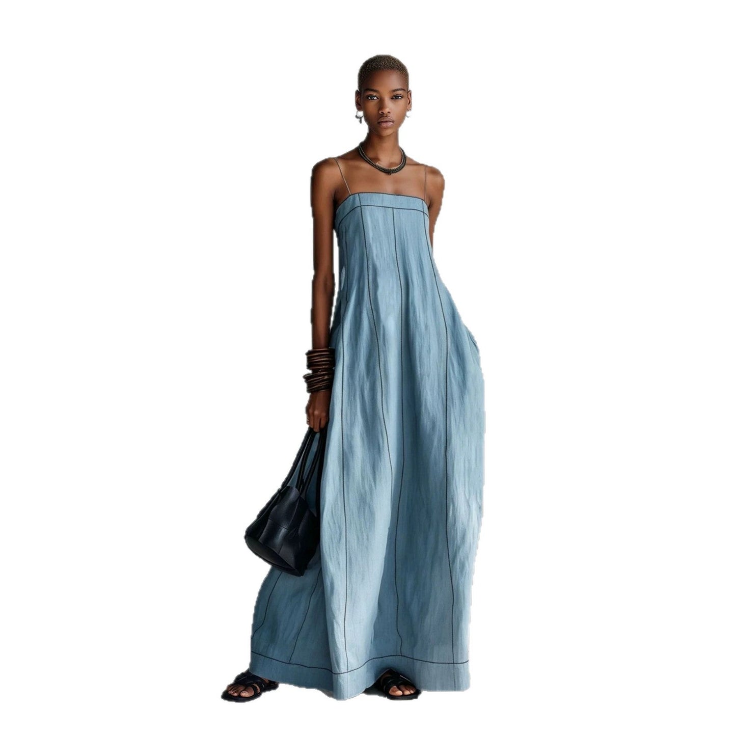 Contrast Stitch Thin Strap Straight Maxi Slip Dress