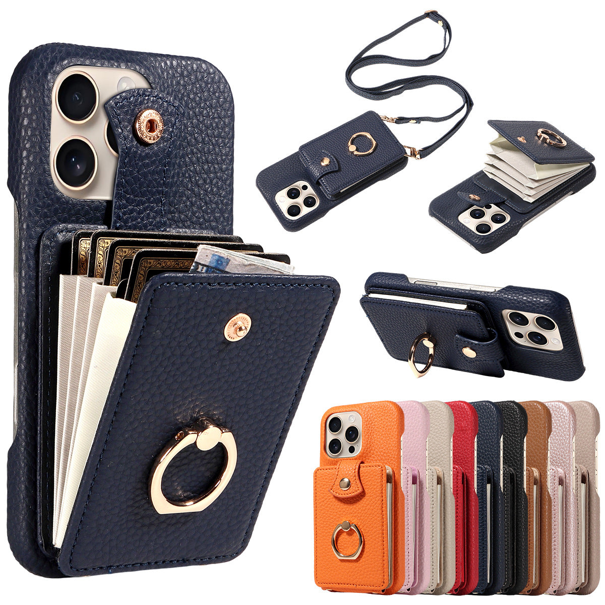 🎁Wallet Case with Ring,High Stylish Luxury Leather Accordion Card Holder,Anti-Drop Lanyard,Multi-Functional Ring Stand,Protective Leather Case