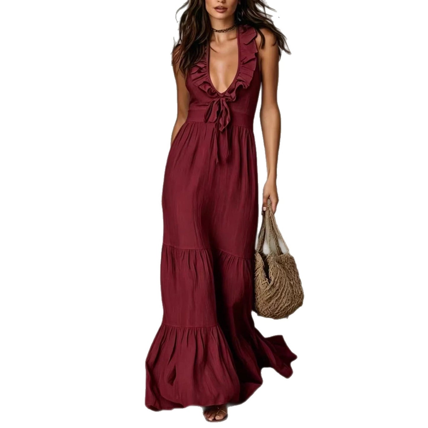 Loose Casual Deep V Ruffled Sleeveless Long Skirt Dress