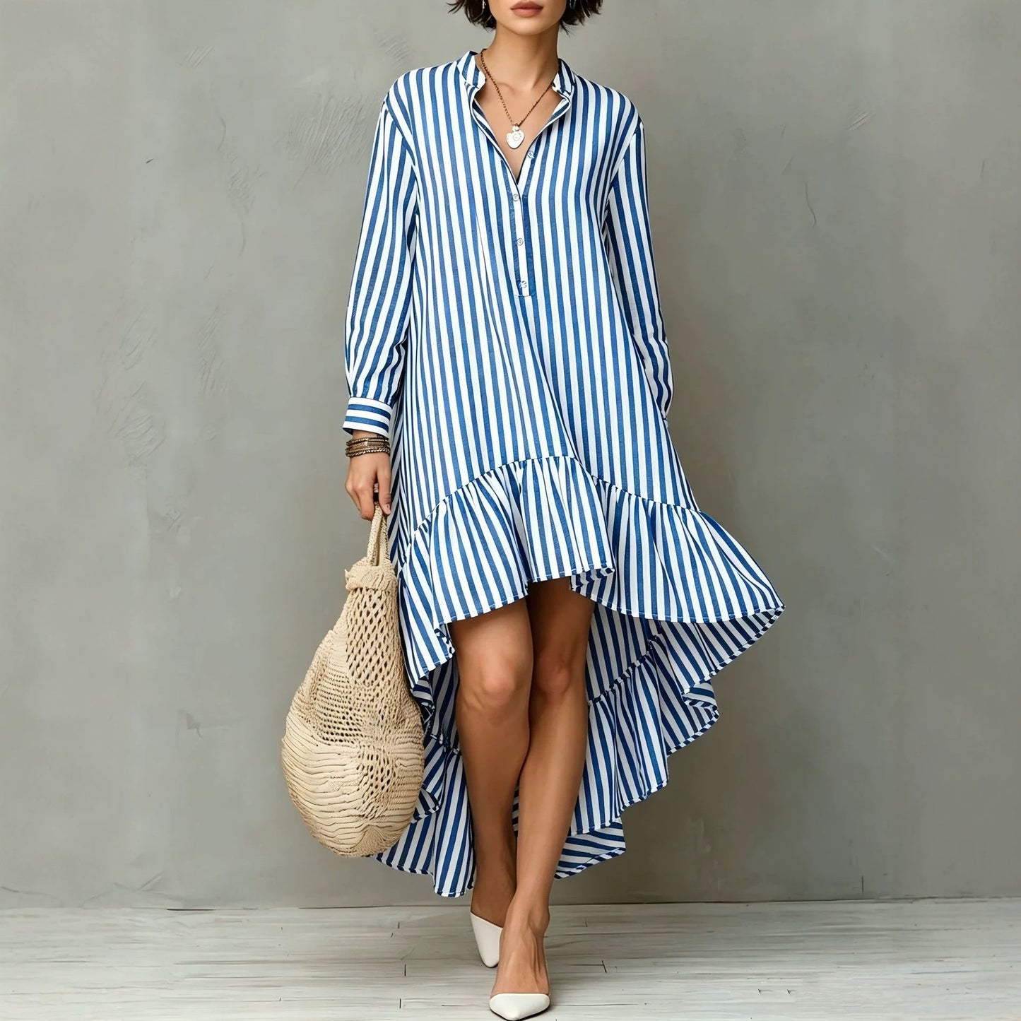 Vertical Stripe Long Sleeve Hi-Lo Ruffle Hem Shirt Midi Dress