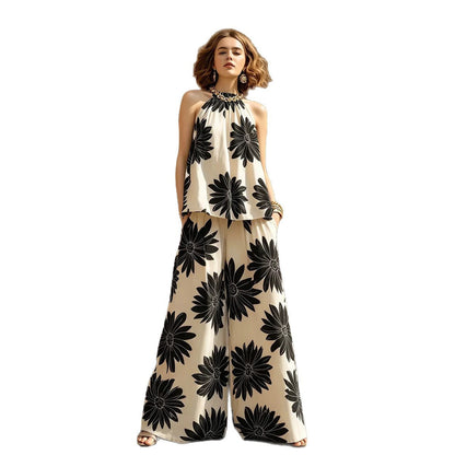 2 Piece Halter Floral Print Wide Leg Pants Set