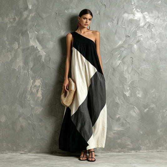 Color Block One Shoulder Vacation Maxi Dress