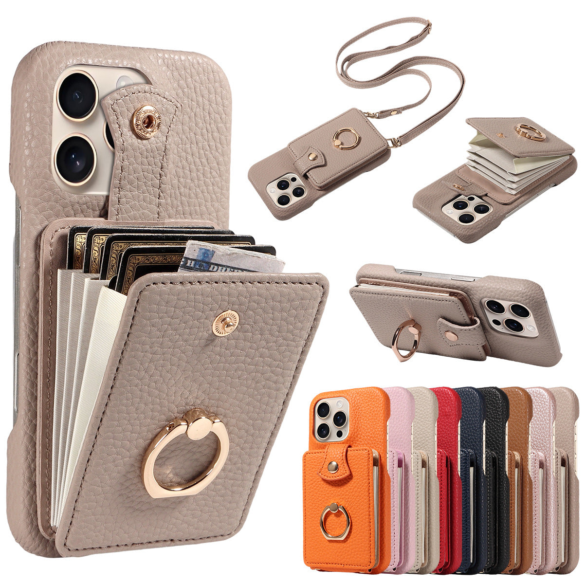 🎁Wallet Case with Ring,High Stylish Luxury Leather Accordion Card Holder,Anti-Drop Lanyard,Multi-Functional Ring Stand,Protective Leather Case