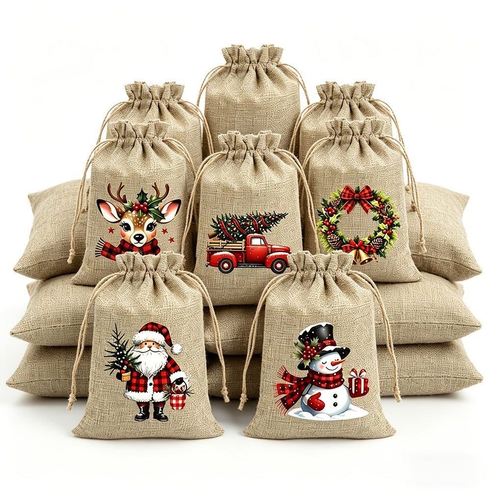 ⚡ Christmas Drawstring Gift Bags – Festive Santa & Reindeer Prints, Double Drawstring Closure & Durable Fabric – Holiday Cheer in Every Gift
