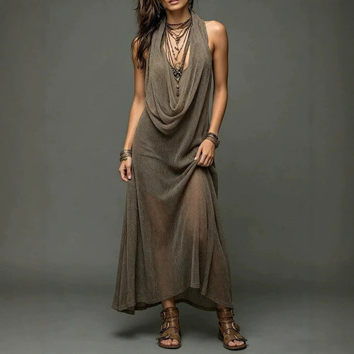 Sheer Mesh Cowl Halter Sleeveless Boho Maxi Dress