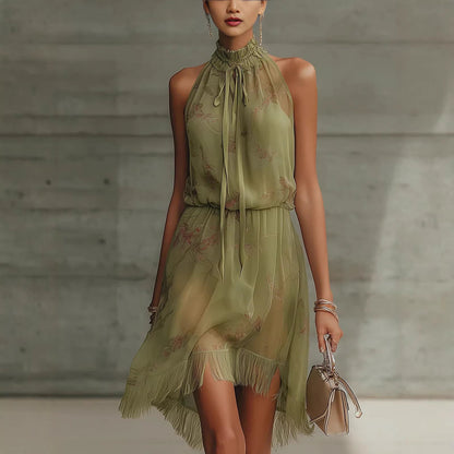 High-Neck Floral Chiffon Fringe Mini Dress