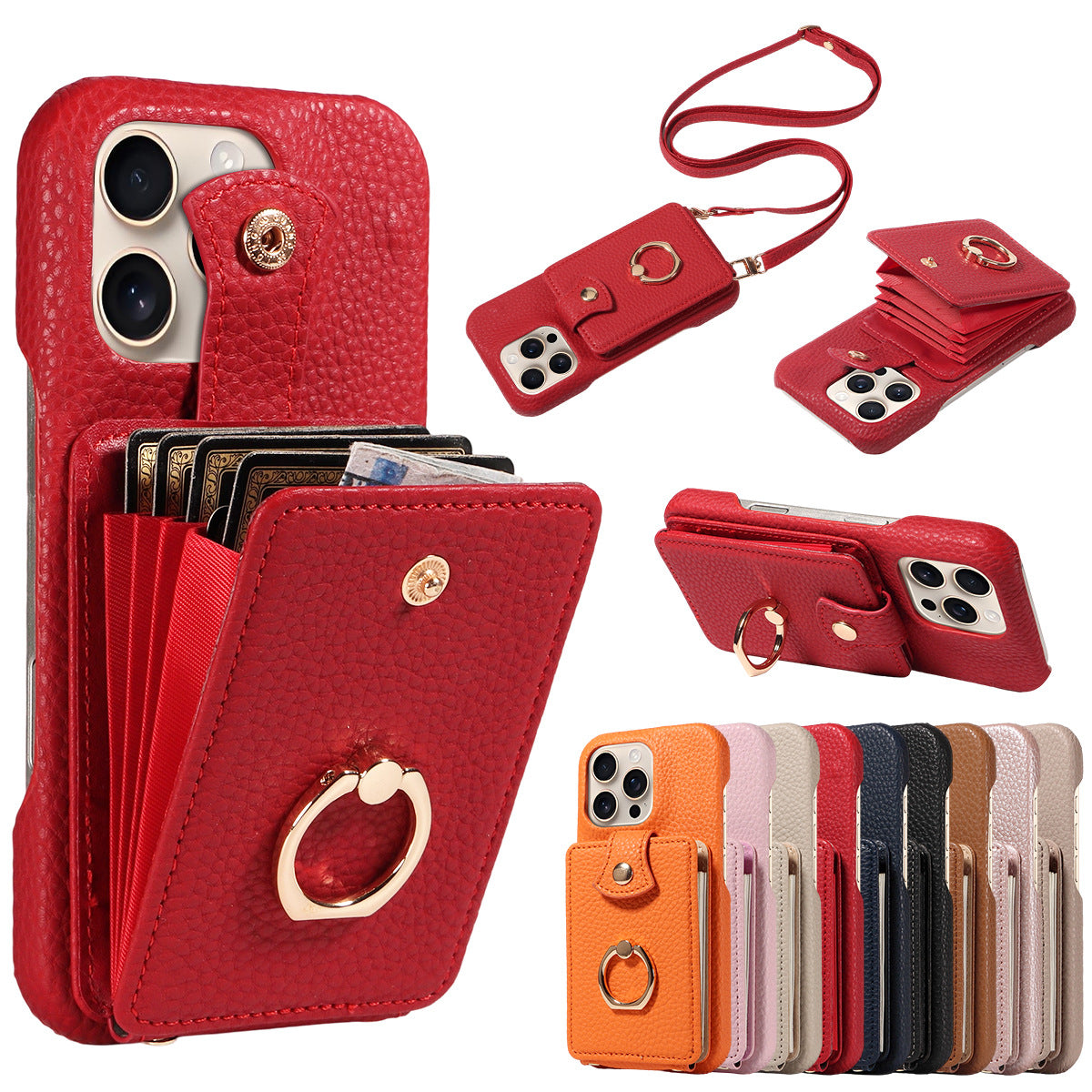 🎁Wallet Case with Ring,High Stylish Luxury Leather Accordion Card Holder,Anti-Drop Lanyard,Multi-Functional Ring Stand,Protective Leather Case
