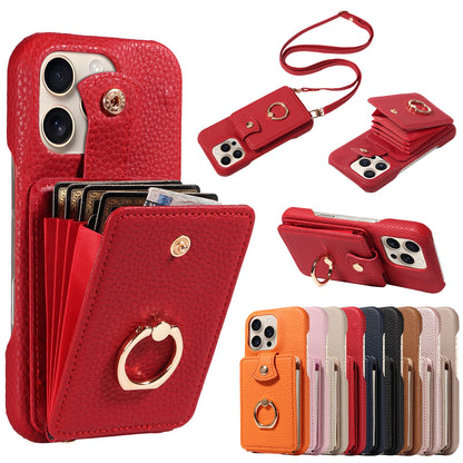 🎁Wallet Case with Ring,High Stylish Luxury Leather Accordion Card Holder,Anti-Drop Lanyard,Multi-Functional Ring Stand,Protective Leather Case
