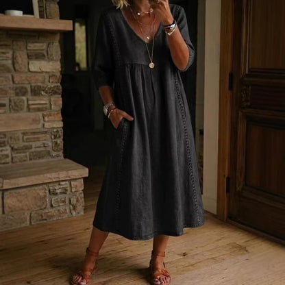 Elegant Linen-Blend V-Neck Midi Dress with Lace Inserts & Pockets | Casual Summer Dress for Women