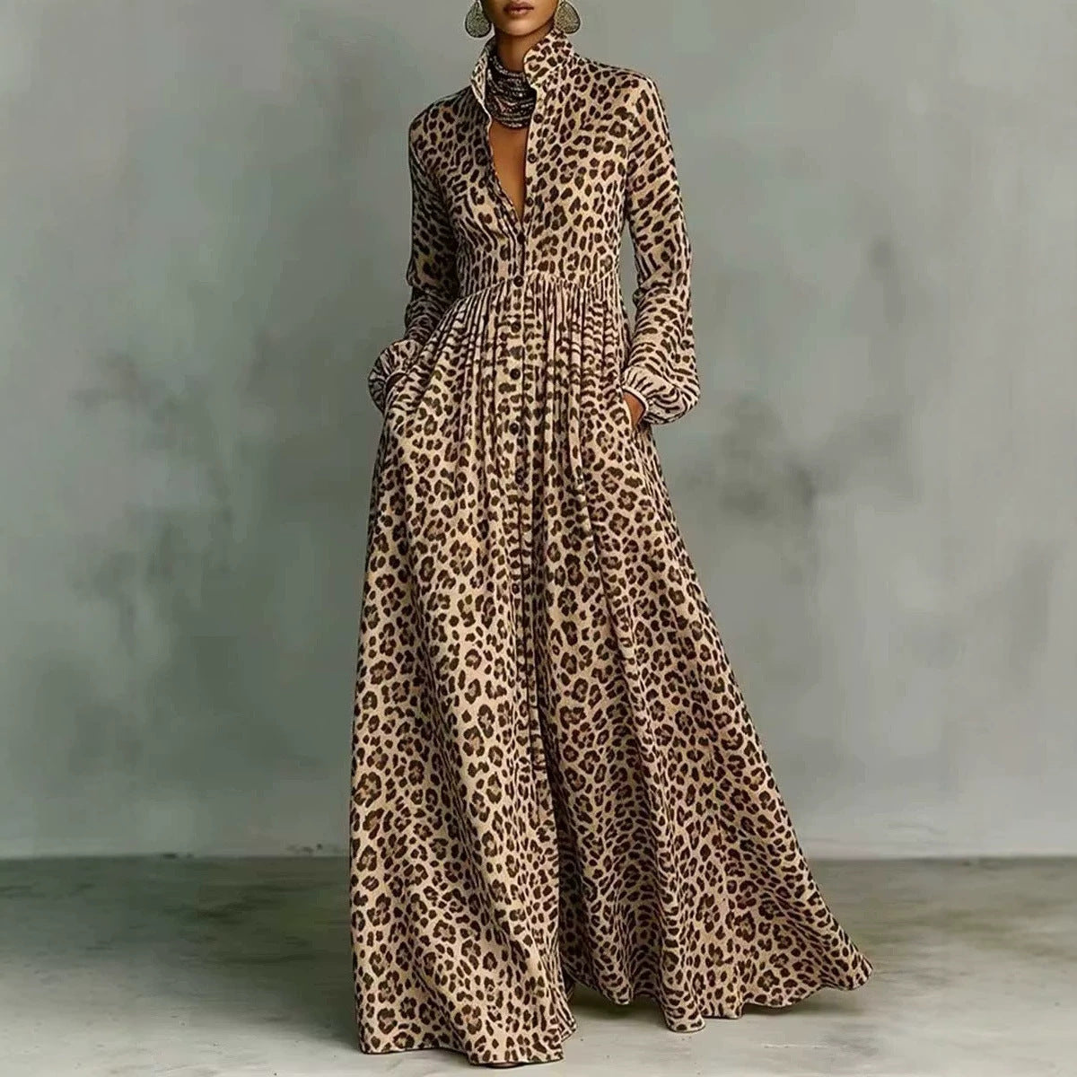 Leopard Print Shirt Maxi Dress