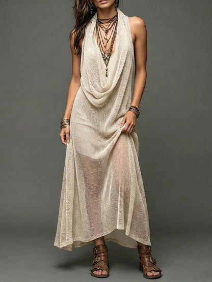Sheer Mesh Cowl Halter Sleeveless Boho Maxi Dress