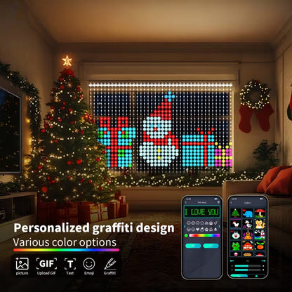 🎄 Smart RGB Pixel Curtain Lights – App-Controlled Animated Holiday Display for Balcony & Window Decor-1.6m*1.6m