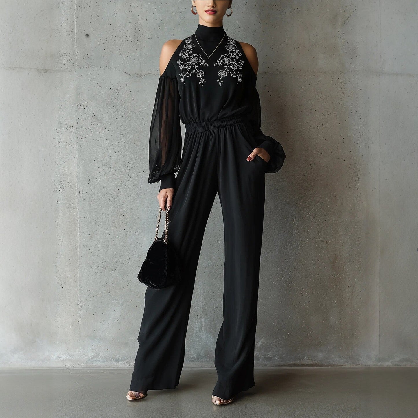 Black Embroidered Women'S Long-Sleeved Jumpsuit