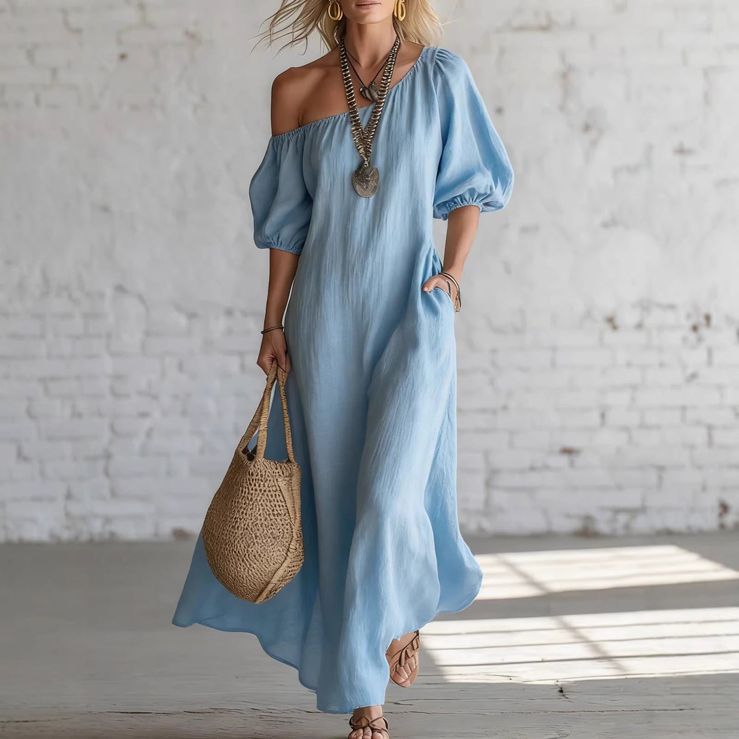 Effortless Off-Shoulder Linen-Blend Maxi Dress
