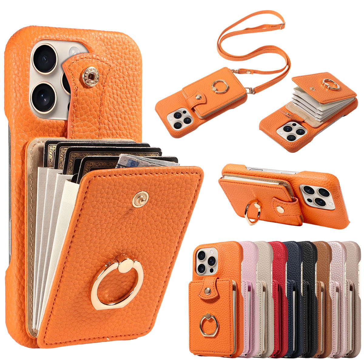 🎁Wallet Case with Ring,High Stylish Luxury Leather Accordion Card Holder,Anti-Drop Lanyard,Multi-Functional Ring Stand,Protective Leather Case