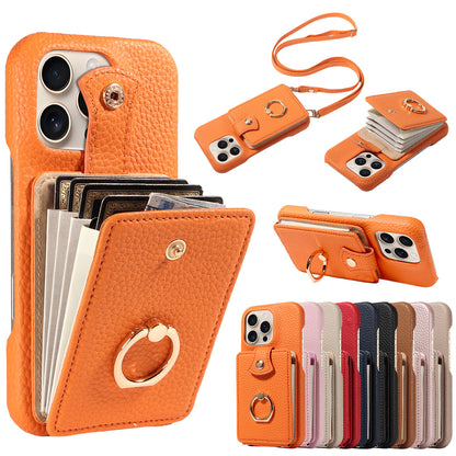 🎁Wallet Case with Ring,High Stylish Luxury Leather Accordion Card Holder,Anti-Drop Lanyard,Multi-Functional Ring Stand,Protective Leather Case