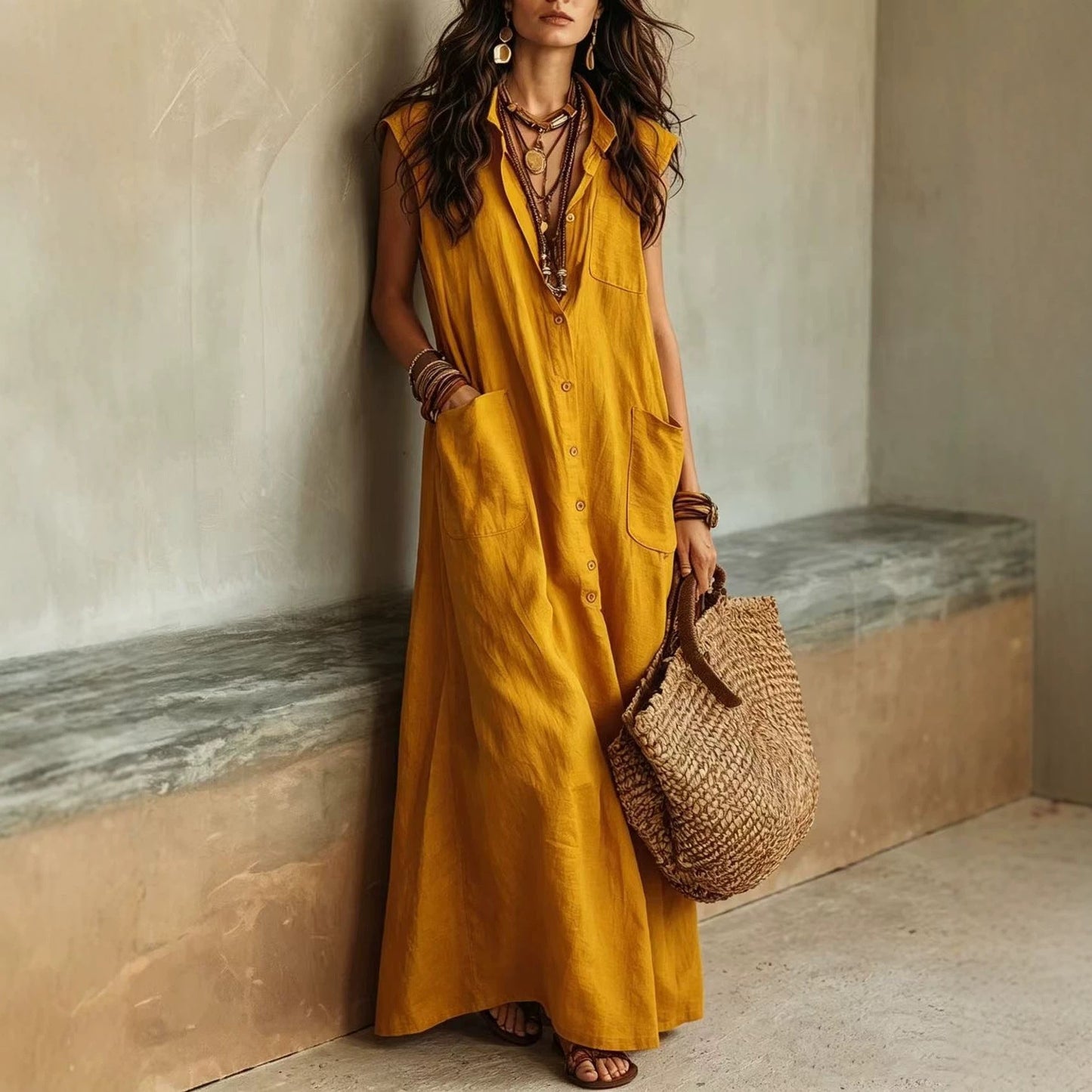 Temperament Commuting Off-Shoulder Bohemian Vacation Loose Shirt Dress