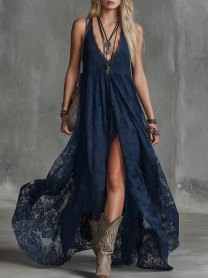 Midnight Blue Lace Western Maxi Dress