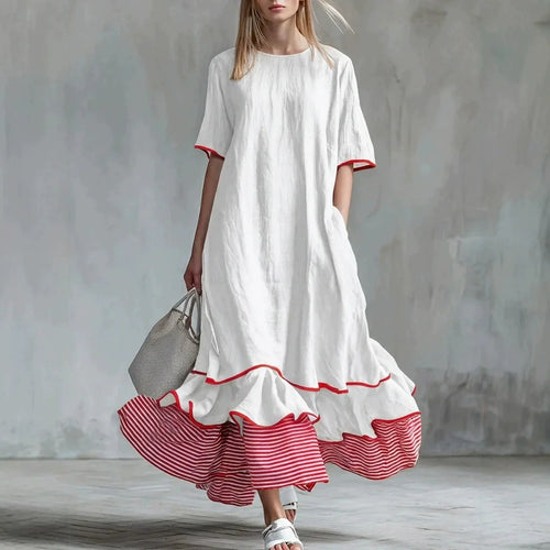 Linen Piping Stripe Ruffle Hem Loose Maxi Dress