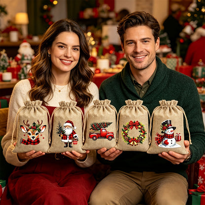 ⚡ Christmas Drawstring Gift Bags – Festive Santa & Reindeer Prints, Double Drawstring Closure & Durable Fabric – Holiday Cheer in Every Gift