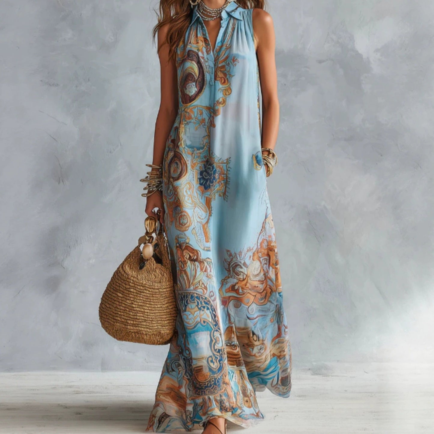 Vintage Baroque Print Sleeveless Maxi Shirt Dress