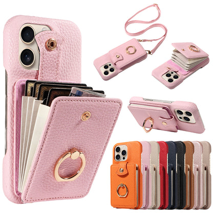 🎁Wallet Case with Ring,High Stylish Luxury Leather Accordion Card Holder,Anti-Drop Lanyard,Multi-Functional Ring Stand,Protective Leather Case