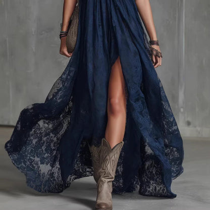 Midnight Blue Lace Western Maxi Dress