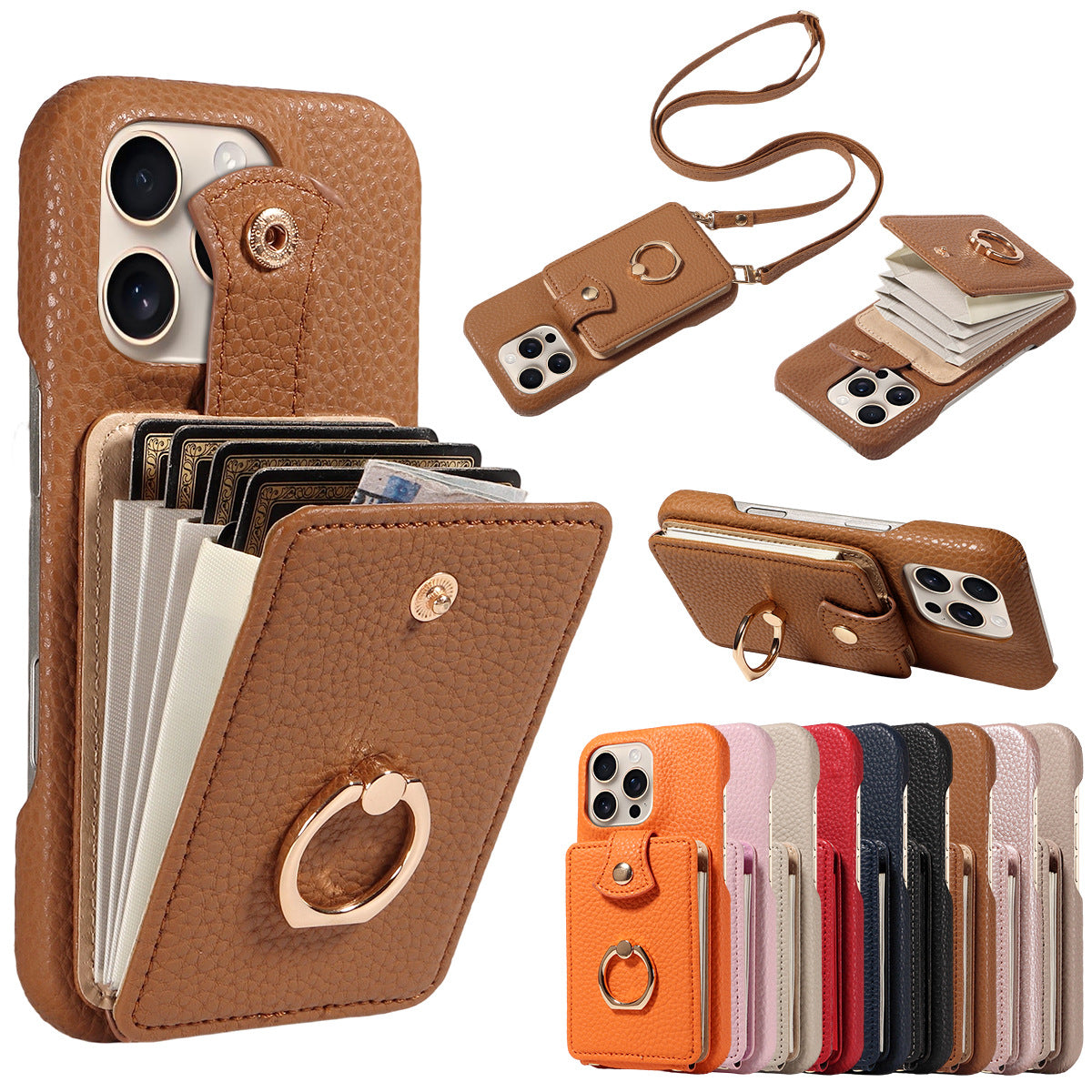 🎁Wallet Case with Ring,High Stylish Luxury Leather Accordion Card Holder,Anti-Drop Lanyard,Multi-Functional Ring Stand,Protective Leather Case