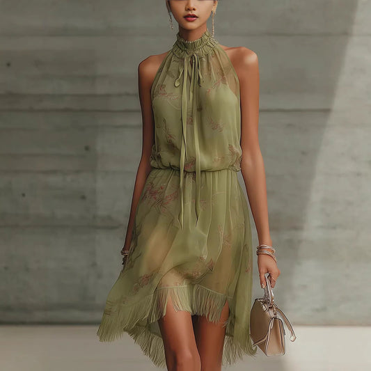 High-Neck Floral Chiffon Fringe Mini Dress