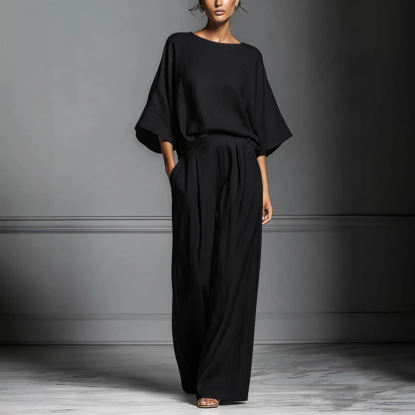 Linen Blend Batwing Sleeve Two-Piece Set