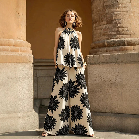 2 Piece Halter Floral Print Wide Leg Pants Set