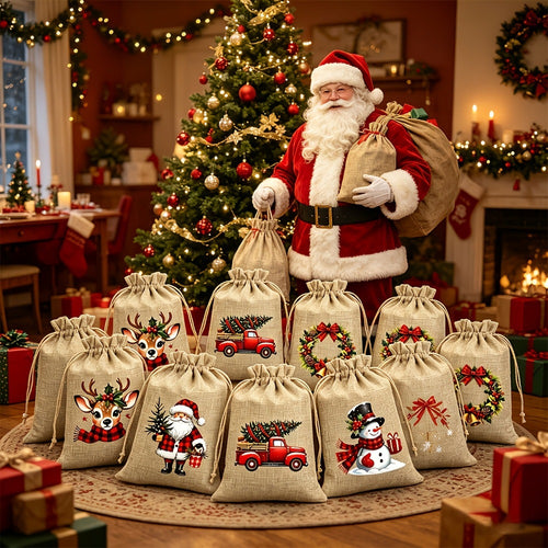 ⚡ Christmas Drawstring Gift Bags – Festive Santa & Reindeer Prints, Double Drawstring Closure & Durable Fabric – Holiday Cheer in Every Gift