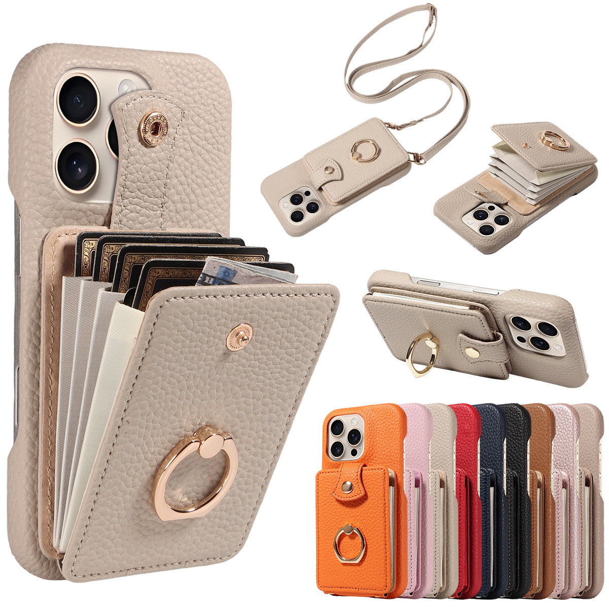🎁Wallet Case with Ring,High Stylish Luxury Leather Accordion Card Holder,Anti-Drop Lanyard,Multi-Functional Ring Stand,Protective Leather Case