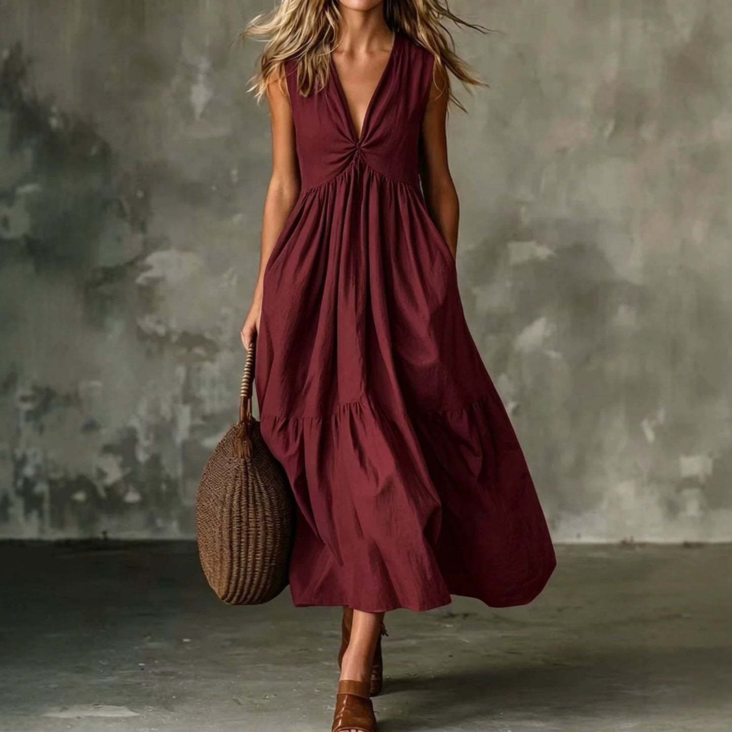 Twist Front V-Neck Sleeveless Pocket Textured Flowy Maxi Dress