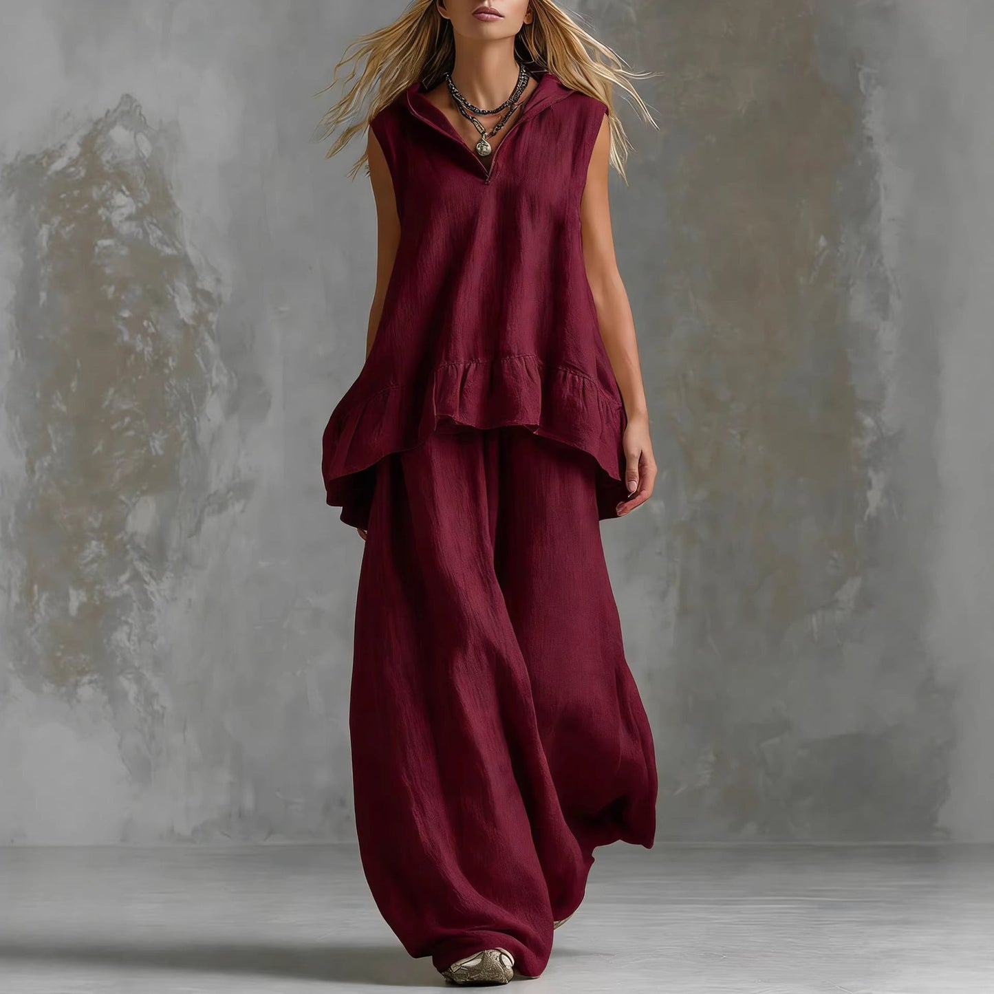 Sleeveless Hooded Textured Two-Piece Set