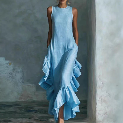 Sleeveless Ruffled Linen Maxi Dress