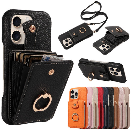 🎁Wallet Case with Ring,High Stylish Luxury Leather Accordion Card Holder,Anti-Drop Lanyard,Multi-Functional Ring Stand,Protective Leather Case