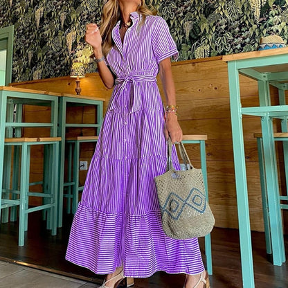 Fashionable Striped Print Short-Sleeved Loose Maxi Dress