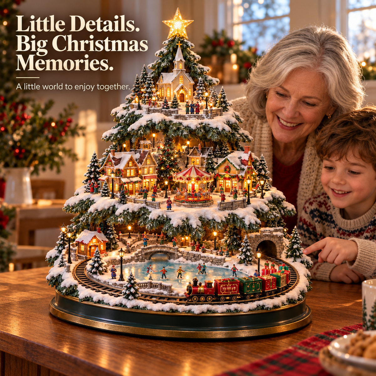 ⭐ Last day to save 49% –🎄OFF Lighted Christmas Village Tree with Train & Carousel